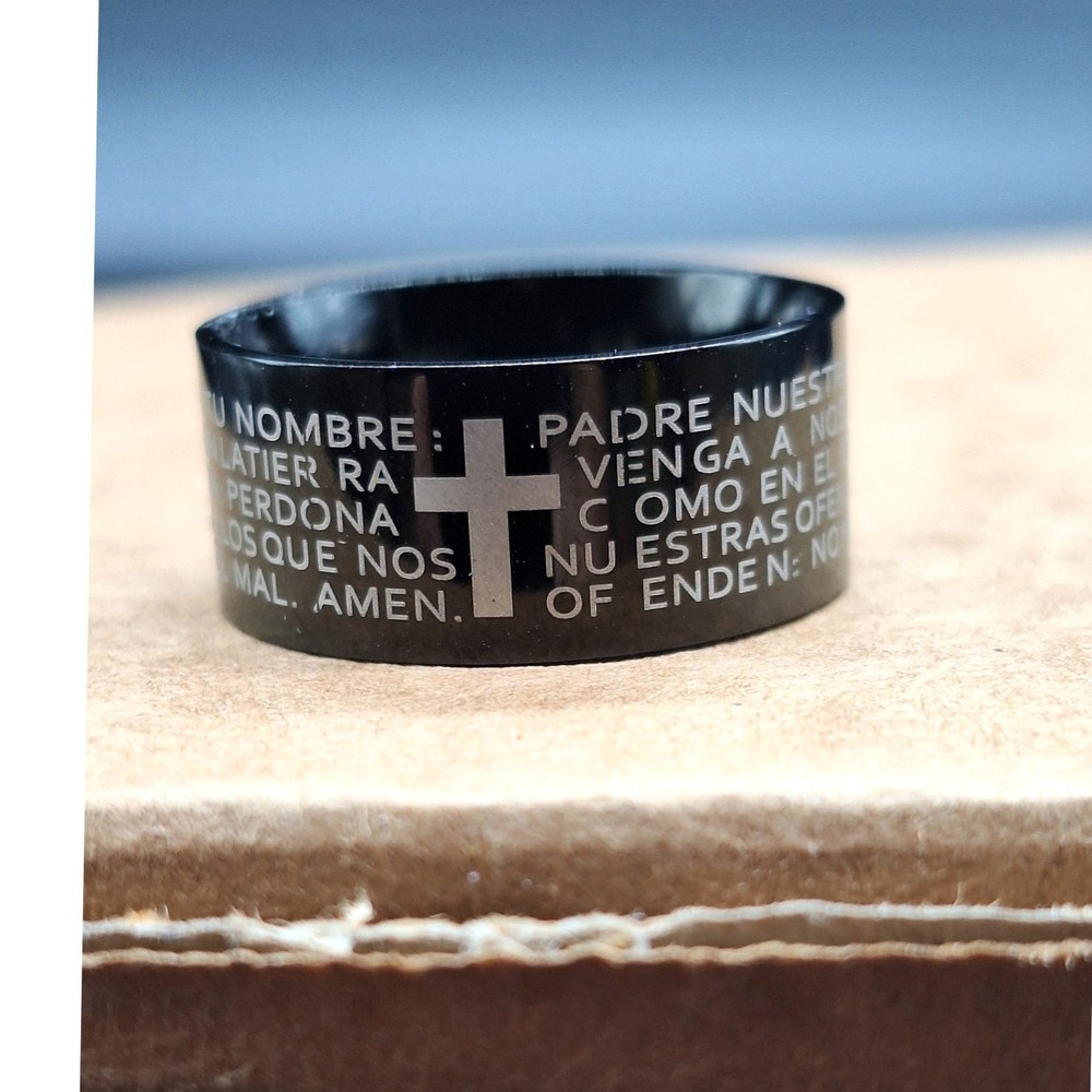 Black Stainless Steel Spanish Lords Prayer Padre Nuestro Cross Band Ring 9.5